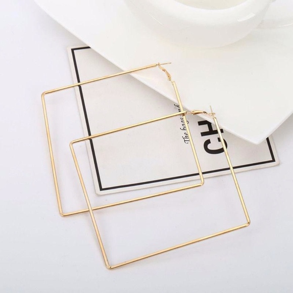 Large Square Geometric Hoop Gold Earrings - Picture 6 of 8